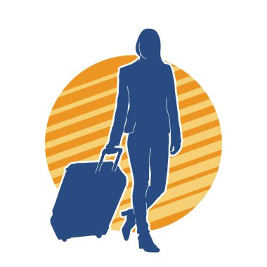 İnce moda bir kadın yolcunun silueti seyahat valizi taşıyor.