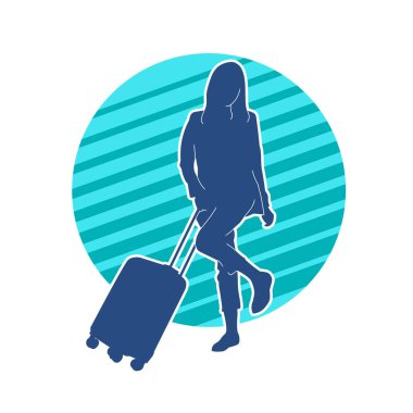 İnce moda bir kadın yolcunun silueti seyahat valizi taşıyor.