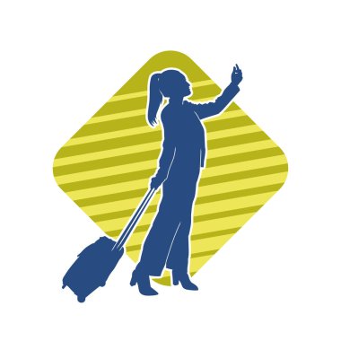 İnce moda bir kadın yolcunun silueti seyahat valizi taşıyor.