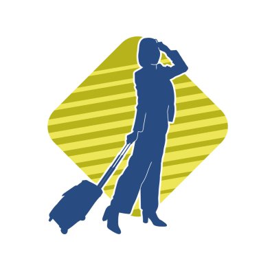 İnce moda bir kadın yolcunun silueti seyahat valizi taşıyor.