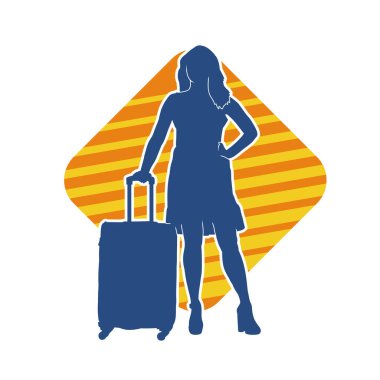 İnce moda bir kadın yolcunun silueti seyahat valizi taşıyor.