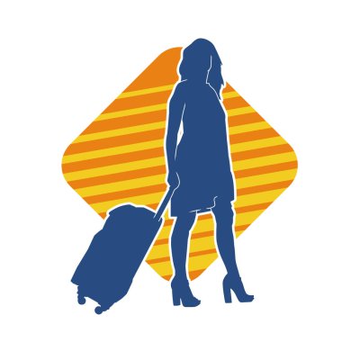 İnce moda bir kadın yolcunun silueti seyahat valizi taşıyor.