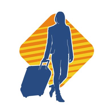 İnce moda bir kadın yolcunun silueti seyahat valizi taşıyor.