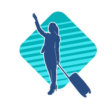 İnce moda bir kadın yolcunun silueti seyahat valizi taşıyor.