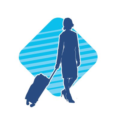 İnce moda bir kadın yolcunun silueti seyahat valizi taşıyor.