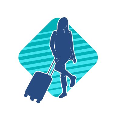 İnce moda bir kadın yolcunun silueti seyahat valizi taşıyor.