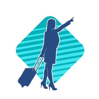 İnce moda bir kadın yolcunun silueti seyahat valizi taşıyor.