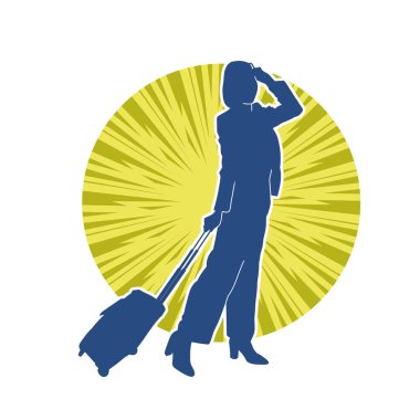 İnce moda bir kadın yolcunun silueti seyahat valizi taşıyor.