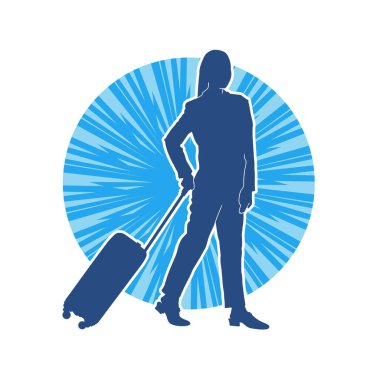 İnce moda bir kadın yolcunun silueti seyahat valizi taşıyor.