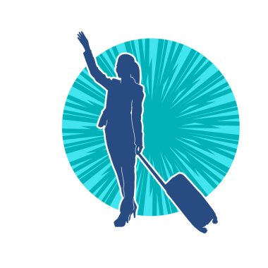 İnce moda bir kadın yolcunun silueti seyahat valizi taşıyor.