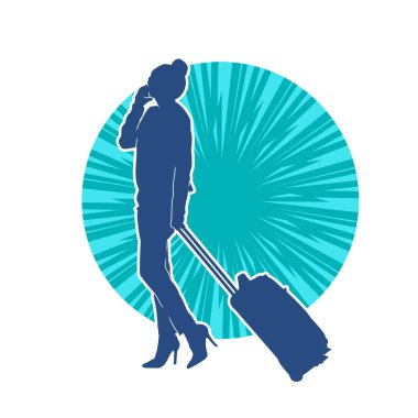 İnce moda bir kadın yolcunun silueti seyahat valizi taşıyor.