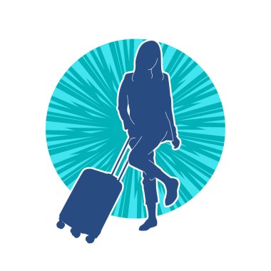 İnce moda bir kadın yolcunun silueti seyahat valizi taşıyor.