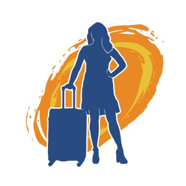 İnce moda bir kadın yolcunun silueti seyahat valizi taşıyor.