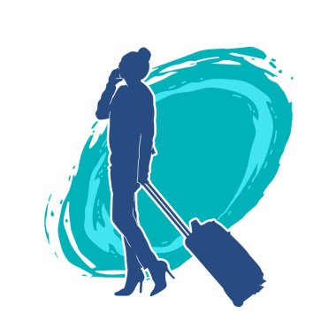 İnce moda bir kadın yolcunun silueti seyahat valizi taşıyor.