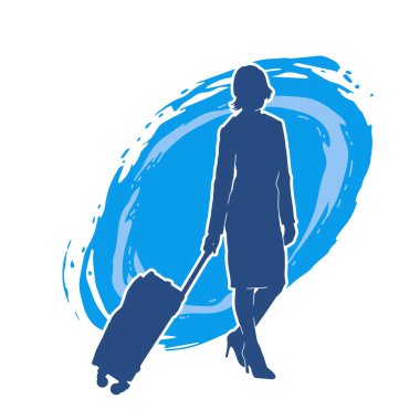 İnce moda bir kadın yolcunun silueti seyahat valizi taşıyor.