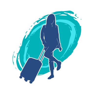 İnce moda bir kadın yolcunun silueti seyahat valizi taşıyor.