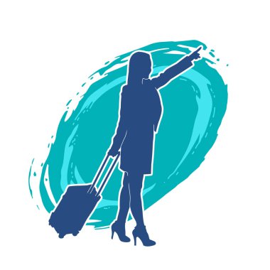 İnce moda bir kadın yolcunun silueti seyahat valizi taşıyor.