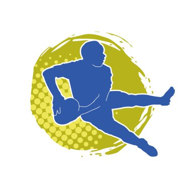 Rugby sporcusunun silueti iş başında. Rugby oynayan sporcu bir adamın silueti..