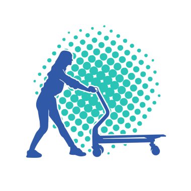 Tramvay tekerleği ya da el arabası kullanan bir kadın silueti. Bir kadının silueti. İten bir lori çarkının..