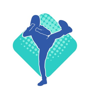 Dövüş sanatları tekmesi atan bir kadının silueti. Sportif bir kadının silueti tekme hareketi yapıyor..