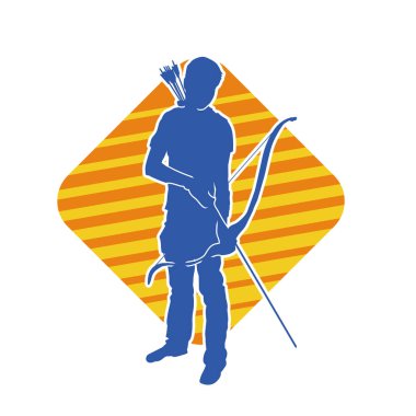 Hareketli erkek okçu savaşçısının silueti. Okçuluk silahı taşıyan bir adamın silueti..