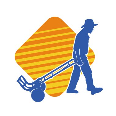 Yaşlı bir adamın silueti tramvay tekerlek aletini çekiyor. Bir hamalın silueti el arabası çekiyor..