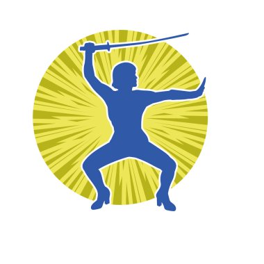 Bir kadın dövüşçünün silueti kılıç taşırken poz veriyor..