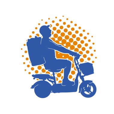 Elektrikli bisiklet kullanan, yemek getiren bir teslimatçının silüeti..