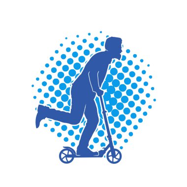 Sıradan, zayıf bir erkeğin silueti elektrikli scooter kullanıyor..