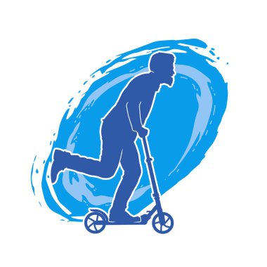 Sıradan, zayıf bir erkeğin silueti elektrikli scooter kullanıyor..