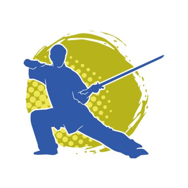 Kung fu 'nun silueti ya da Wushu dövüş sanatları sporcusu pozu. Kılıçlı bir erkek dövüş sanatının silueti..