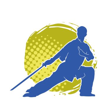 Kung fu 'nun silueti ya da Wushu dövüş sanatları sporcusu pozu. Kılıçlı bir erkek dövüş sanatının silueti..