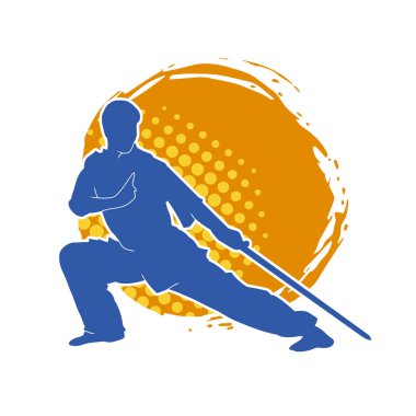Kung fu 'nun silueti ya da Wushu dövüş sanatları sporcusu pozu. Kılıçlı bir erkek dövüş sanatının silueti..