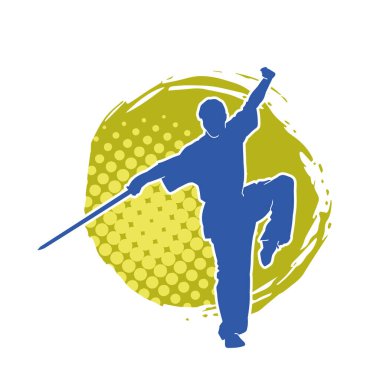 Kung fu 'nun silueti ya da Wushu dövüş sanatları sporcusu pozu. Kılıçlı bir erkek dövüş sanatının silueti..