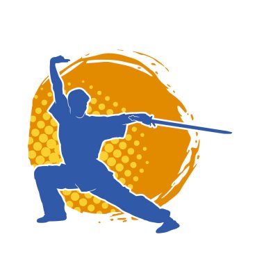 Kung fu 'nun silueti ya da Wushu dövüş sanatları sporcusu pozu. Kılıçlı bir erkek dövüş sanatının silueti..