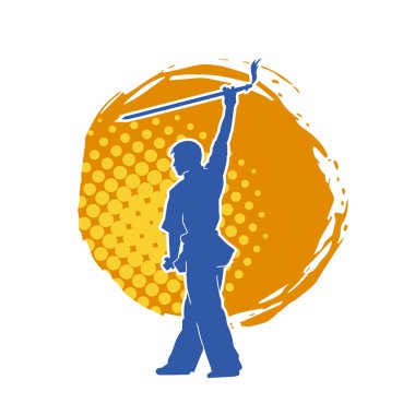 Kung fu 'nun silueti ya da Wushu dövüş sanatları sporcusu pozu. Kılıçlı bir erkek dövüş sanatının silueti..