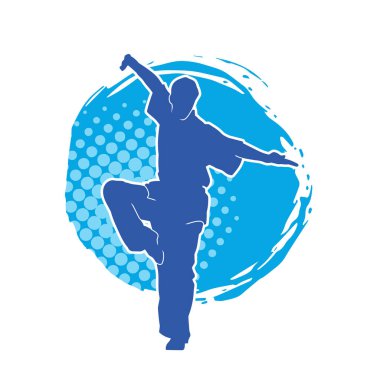 Doğu dövüş sanatı pozu veren bir adamın silueti. Dövüş sanatlarında bir erkeğin silueti..