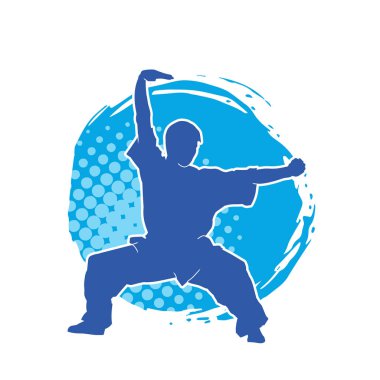 Doğu dövüş sanatı pozu veren bir adamın silueti. Dövüş sanatlarında bir erkeğin silueti..