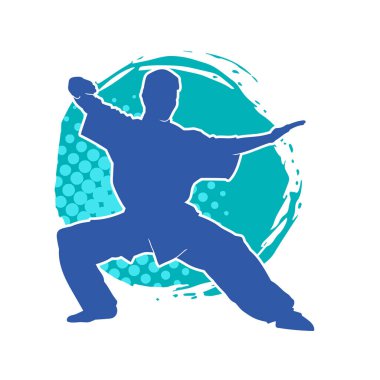 Doğu dövüş sanatı pozu veren bir adamın silueti. Dövüş sanatlarında bir erkeğin silueti..