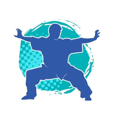 Doğu dövüş sanatı pozu veren bir adamın silueti. Dövüş sanatlarında bir erkeğin silueti..