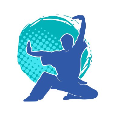 Doğu dövüş sanatı pozu veren bir adamın silueti. Dövüş sanatlarında bir erkeğin silueti..