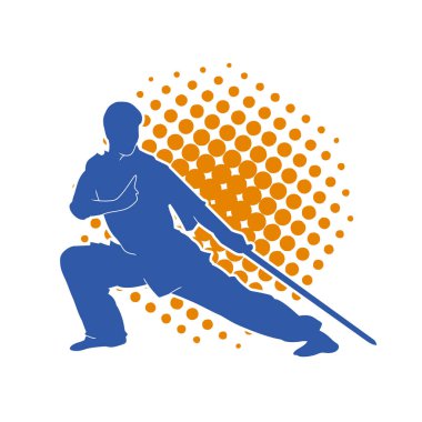 Kung fu 'nun silueti ya da Wushu dövüş sanatları sporcusu pozu. Kılıçlı bir erkek dövüş sanatının silueti..