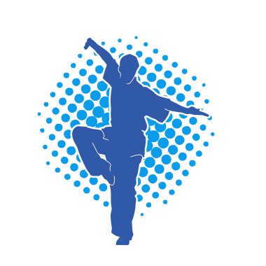 Doğu dövüş sanatı pozu veren bir adamın silueti. Dövüş sanatlarında bir erkeğin silueti..