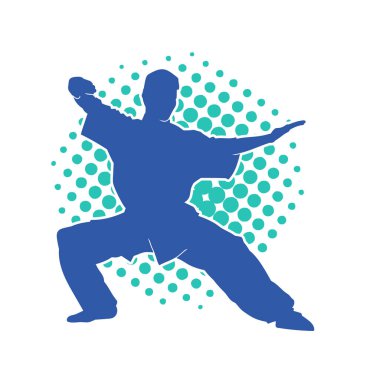 Doğu dövüş sanatı pozu veren bir adamın silueti. Dövüş sanatlarında bir erkeğin silueti..