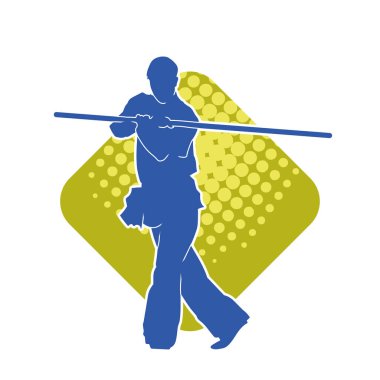 Dövüş sanatlarında dövüşen bir erkeğin silüeti, tahta sopayı silah olarak kullanıyor. Tahta sırıkla dövüş sanatları yapan bir adamın silueti..