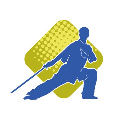 Kung fu 'nun silueti ya da Wushu dövüş sanatları sporcusu pozu. Kılıçlı bir erkek dövüş sanatının silueti..