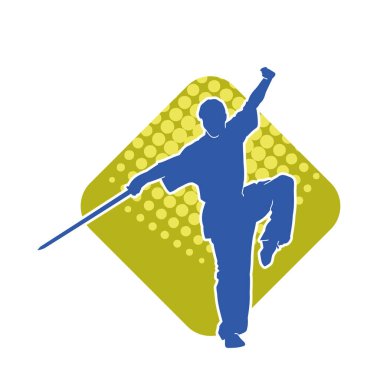Kung fu 'nun silueti ya da Wushu dövüş sanatları sporcusu pozu. Kılıçlı bir erkek dövüş sanatının silueti..