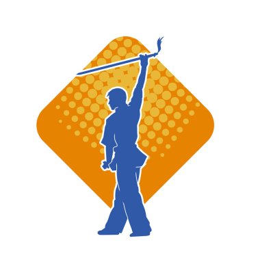 Kung fu 'nun silueti ya da Wushu dövüş sanatları sporcusu pozu. Kılıçlı bir erkek dövüş sanatının silueti..