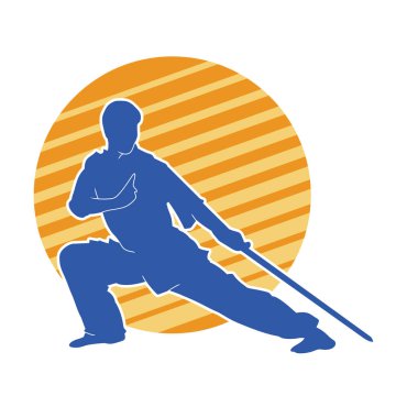 Kung fu 'nun silueti ya da Wushu dövüş sanatları sporcusu pozu. Kılıçlı bir erkek dövüş sanatının silueti..