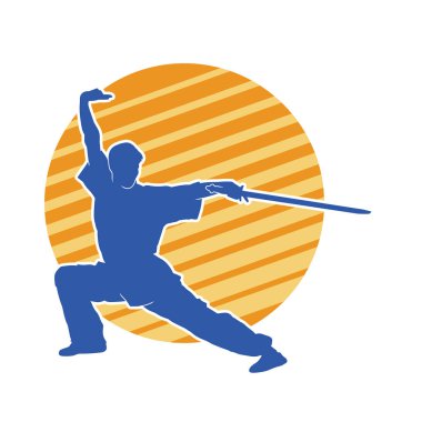 Kung fu 'nun silueti ya da Wushu dövüş sanatları sporcusu pozu. Kılıçlı bir erkek dövüş sanatının silueti..